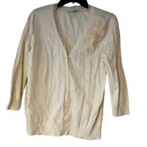Loft 3/4 Sleeve Cream Cardigan with Flower Detail - Medium